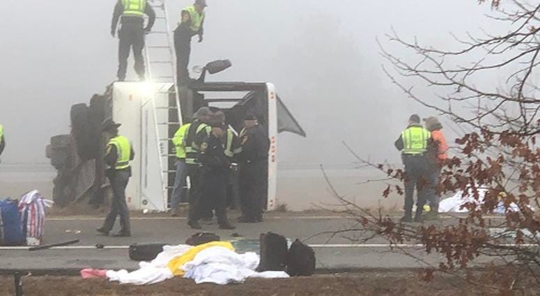State Police investigate a double fatal commercial bus accident along I-95 in Prince George County on March 19, 2019. (Matt Demlein, WRVA)